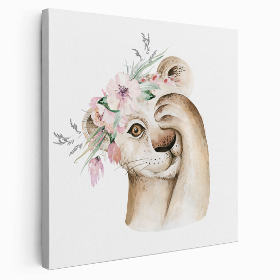 Canvas Print for Kids - Lion Cub Flowers