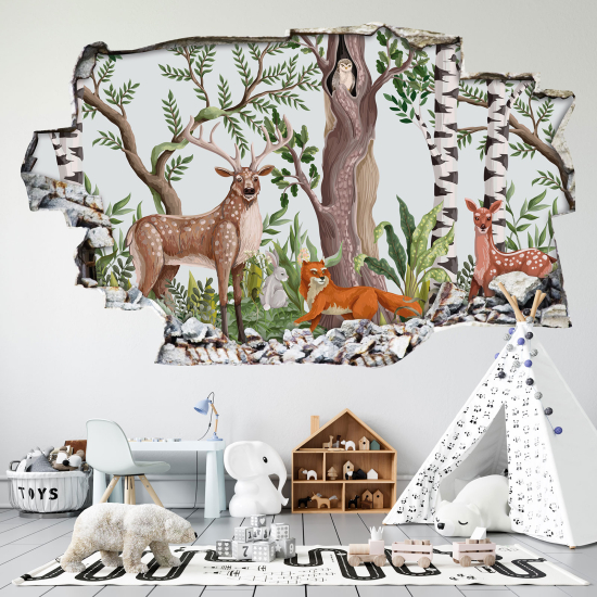 Hole In The Wall Sticker - Optical illusions - Forest Animals