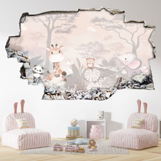 Hole In The Wall Sticker - Optical illusions - Forest Animals