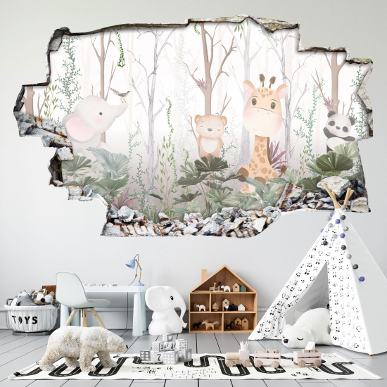 Hole In The Wall Sticker - Optical illusions - Forest Animals