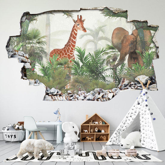 Hole In The Wall Sticker - Optical illusions - Jungle Animals