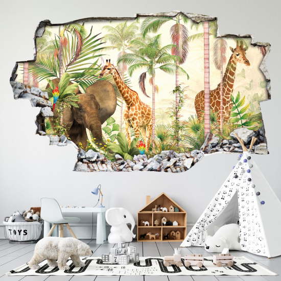 Hole In The Wall Sticker - Optical illusions - Jungle Animals