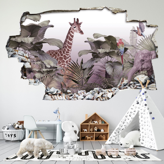 Hole In The Wall Sticker - Optical illusions - Jungle Animals