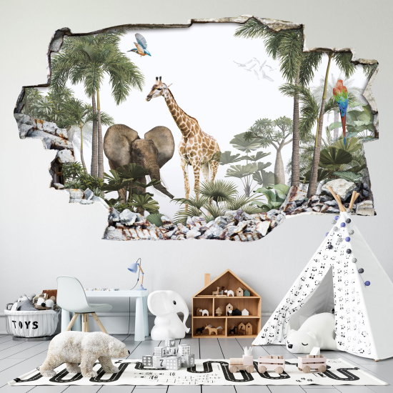 Hole In The Wall Sticker - Optical illusions - Jungle Animals