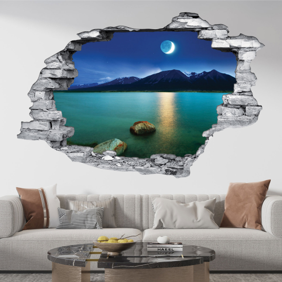 Hole In The Wall Sticker - Optical illusions - Lake and mountains