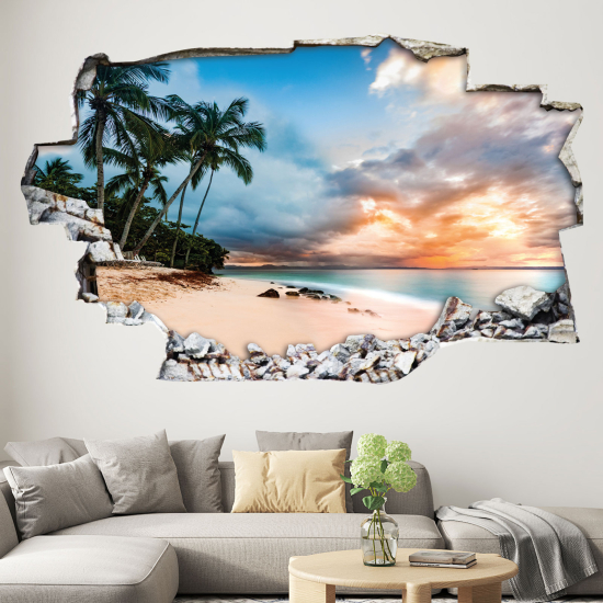 Hole In The Wall Sticker - Optical illusions - Palm Tree Beach