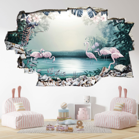 Hole In The Wall Sticker - Optical illusions - Pink Flamingos