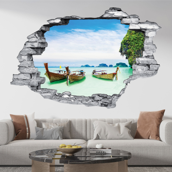 Hole In The Wall Sticker - Optical illusions - Thailand Boats