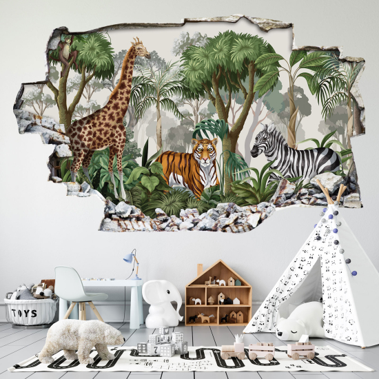 Hole In The Wall Sticker - Optical illusions - Tropical Forest Animals