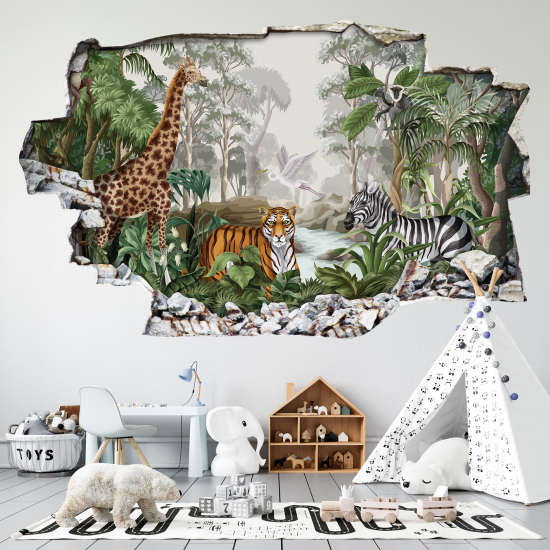 Hole In The Wall Sticker - Optical illusions - Tropical Forest Animals