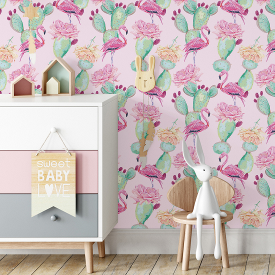 Kid Wall Mural - Wallpaper - Pink Flamingo Cactus