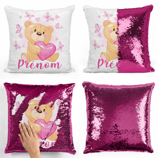 Magic Sequin Glitter Pillow - Bear hearts