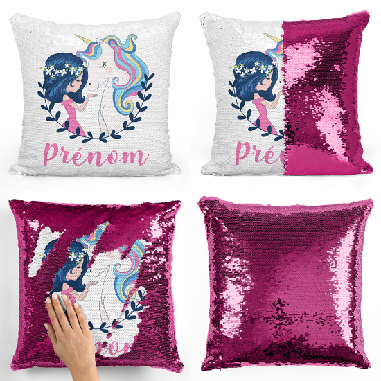 Magic Sequin Glitter Pillow - Girl and unicorn