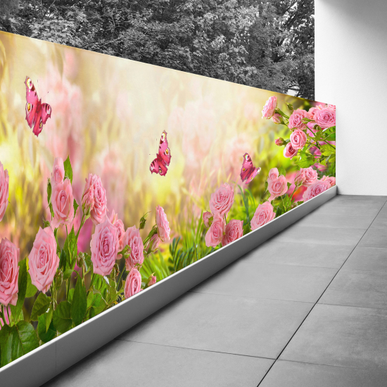 Optical Illusion Balcony Privacy Screen - 100x300 cm - Flowers butterflies