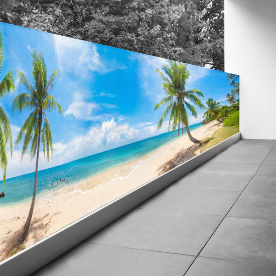 Optical Illusion Balcony Privacy Screen - 100x375 cm - Beach sea and palm trees