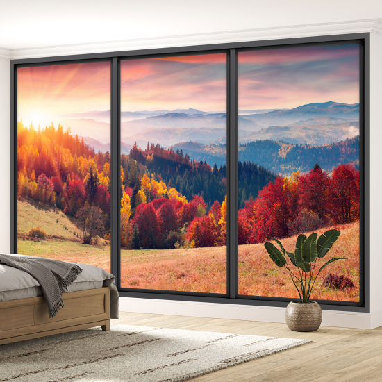 Optical Illusion Panoramic Bay Window Wall Mural / Wallpaper - Autumn Forest