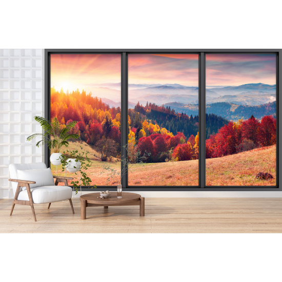 Optical Illusion Panoramic Bay Window Wall Mural / Wallpaper - Autumn Forest