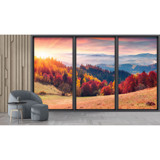 Optical Illusion Panoramic Bay Window Wall Mural / Wallpaper - Autumn Forest