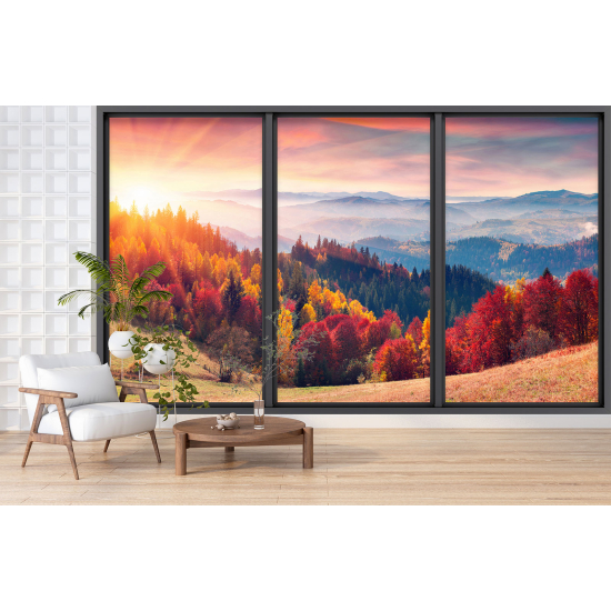 Optical Illusion Panoramic Bay Window Wall Mural / Wallpaper - Autumn Forest