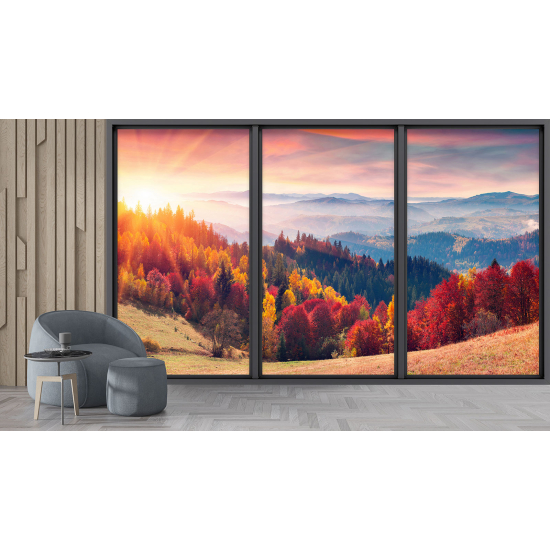 Optical Illusion Panoramic Bay Window Wall Mural / Wallpaper - Autumn Forest