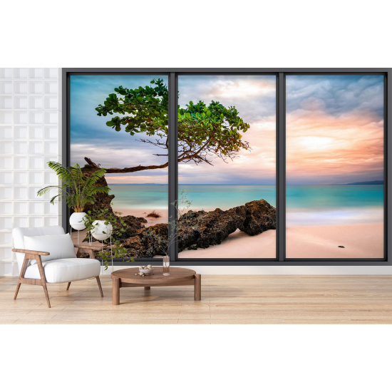 Optical Illusion Panoramic Bay Window Wall Mural / Wallpaper - Beach