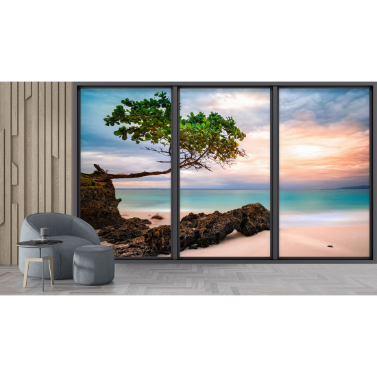 Optical Illusion Panoramic Bay Window Wall Mural / Wallpaper - Beach