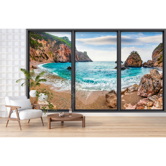 Optical Illusion Panoramic Bay Window Wall Mural / Wallpaper - Beach