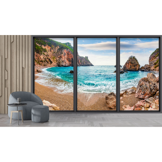 Optical Illusion Panoramic Bay Window Wall Mural / Wallpaper - Beach