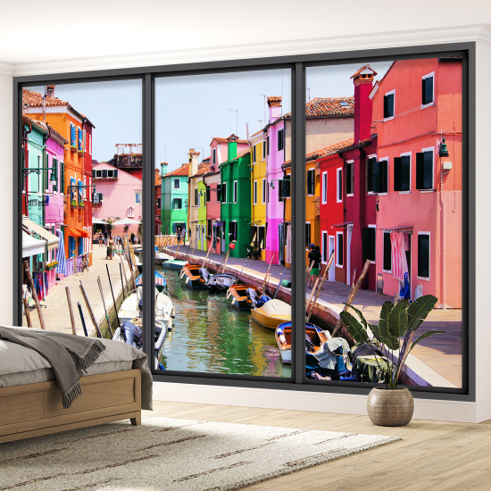 Optical Illusion Panoramic Bay Window Wall Mural / Wallpaper - Burano town