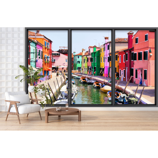 Optical Illusion Panoramic Bay Window Wall Mural / Wallpaper - Burano town