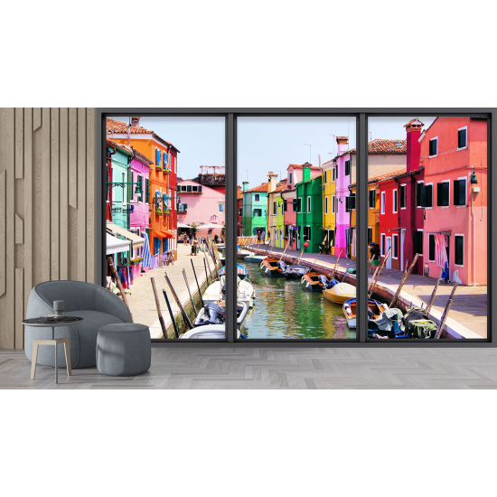 Optical Illusion Panoramic Bay Window Wall Mural / Wallpaper - Burano town