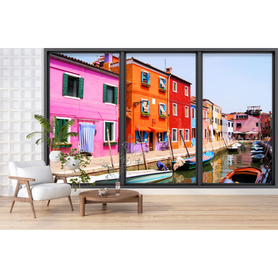 Optical Illusion Panoramic Bay Window Wall Mural / Wallpaper - Burano town