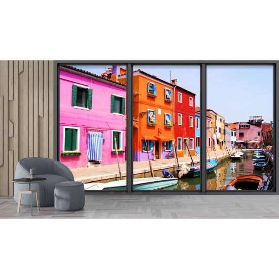 Optical Illusion Panoramic Bay Window Wall Mural / Wallpaper - Burano town