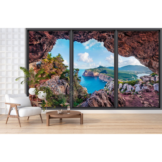 Optical Illusion Panoramic Bay Window Wall Mural / Wallpaper - Cave with sea view