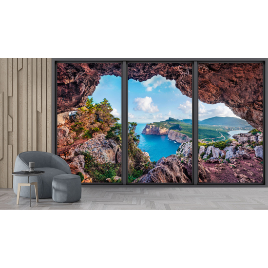 Optical Illusion Panoramic Bay Window Wall Mural / Wallpaper - Cave with sea view