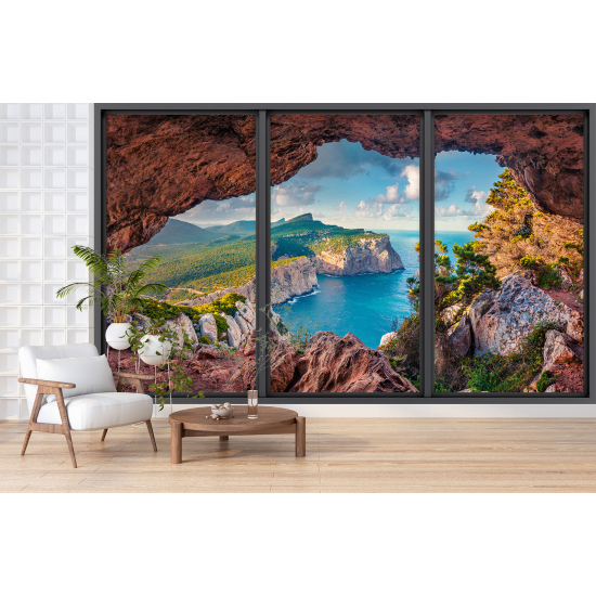 Optical Illusion Panoramic Bay Window Wall Mural / Wallpaper - Cave with sea view