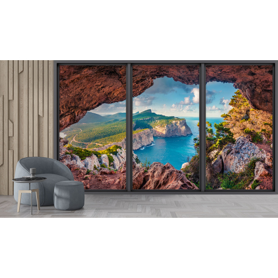 Optical Illusion Panoramic Bay Window Wall Mural / Wallpaper - Cave with sea view