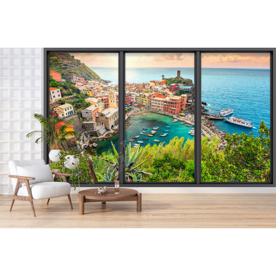 Optical Illusion Panoramic Bay Window Wall Mural / Wallpaper - Cinque Terre