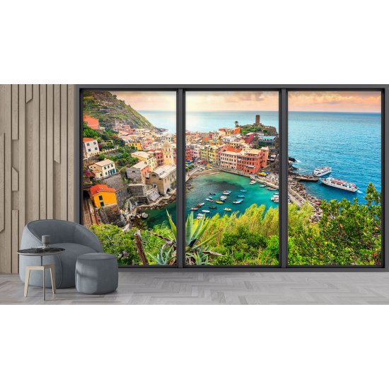 Optical Illusion Panoramic Bay Window Wall Mural / Wallpaper - Cinque Terre