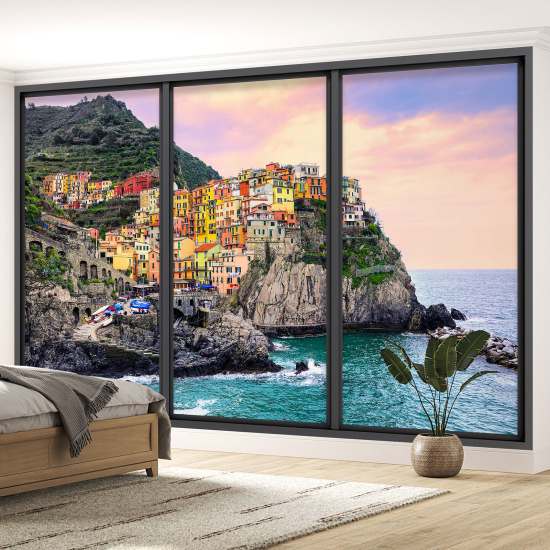 Optical Illusion Panoramic Bay Window Wall Mural / Wallpaper - Cinque Terre