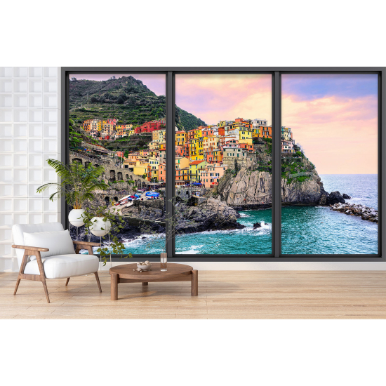 Optical Illusion Panoramic Bay Window Wall Mural / Wallpaper - Cinque Terre