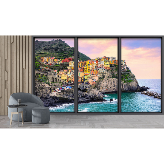 Optical Illusion Panoramic Bay Window Wall Mural / Wallpaper - Cinque Terre