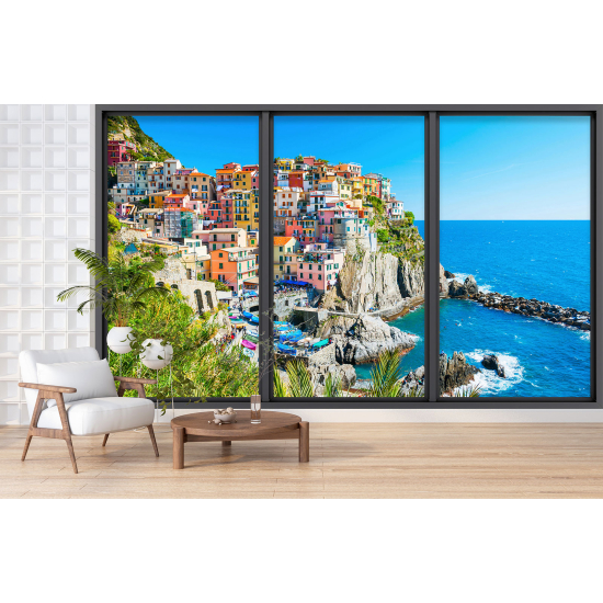 Optical Illusion Panoramic Bay Window Wall Mural / Wallpaper - Cinque Terre