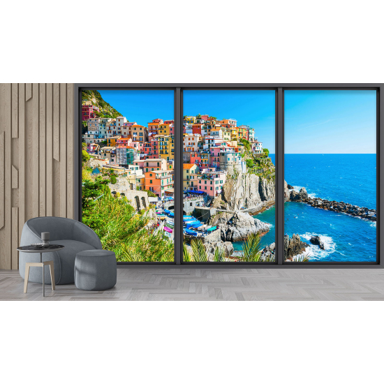 Optical Illusion Panoramic Bay Window Wall Mural / Wallpaper - Cinque Terre