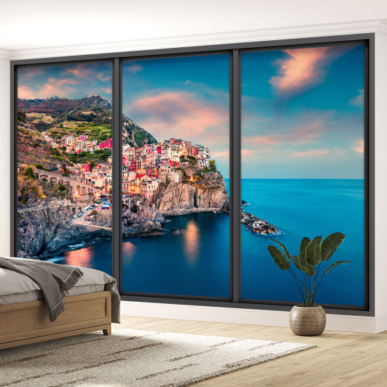 Optical Illusion Panoramic Bay Window Wall Mural / Wallpaper - Cinque Terre