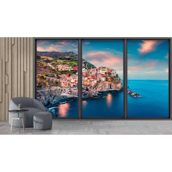 Optical Illusion Panoramic Bay Window Wall Mural / Wallpaper - Cinque Terre