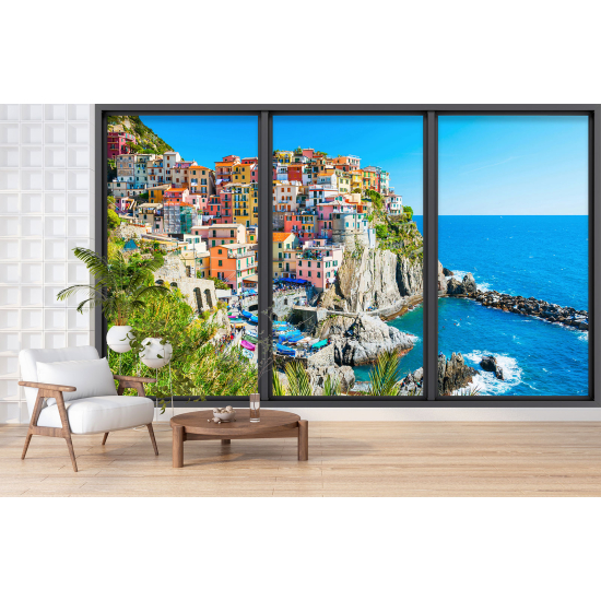 Optical Illusion Panoramic Bay Window Wall Mural / Wallpaper - Cinque Terre