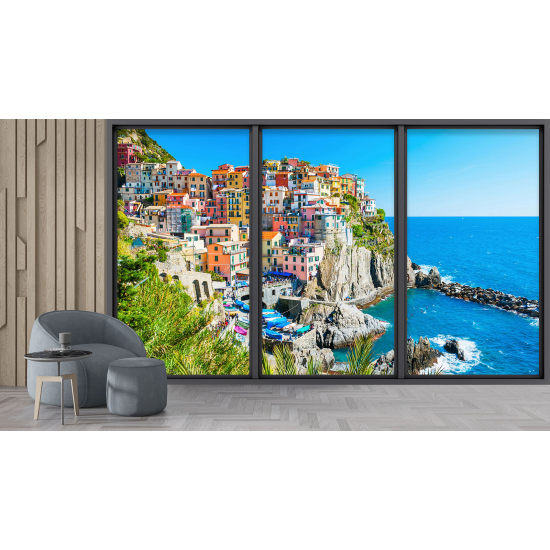 Optical Illusion Panoramic Bay Window Wall Mural / Wallpaper - Cinque Terre