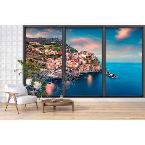 Optical Illusion Panoramic Bay Window Wall Mural / Wallpaper - Cinque Terre