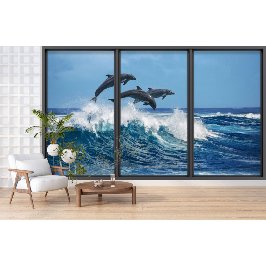 Optical Illusion Panoramic Bay Window Wall Mural / Wallpaper - Dolphins